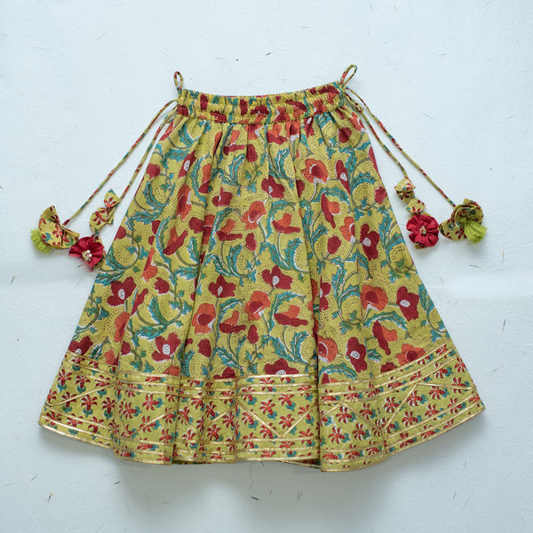 Cotton Lehenga Set for Girls | Floral Design | Green & Red