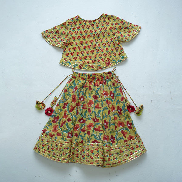 Cotton Lehenga Set for Girls | Floral Design | Green & Red