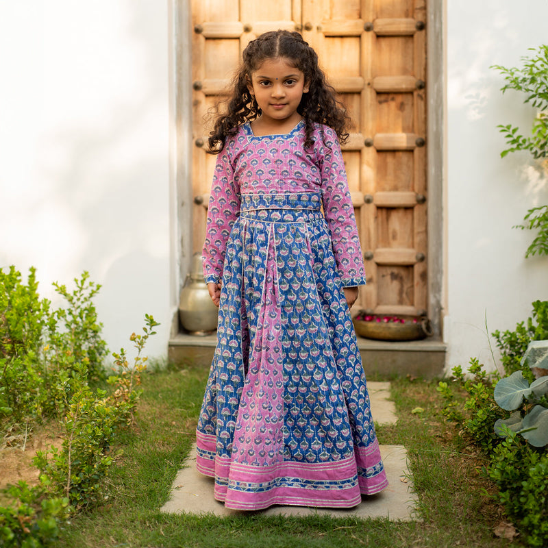 Cotton Lehenga Set for Girls | Floral Design | Blue & Purple