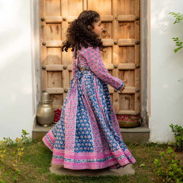 Cotton Lehenga Set for Girls | Floral Design | Blue & Purple