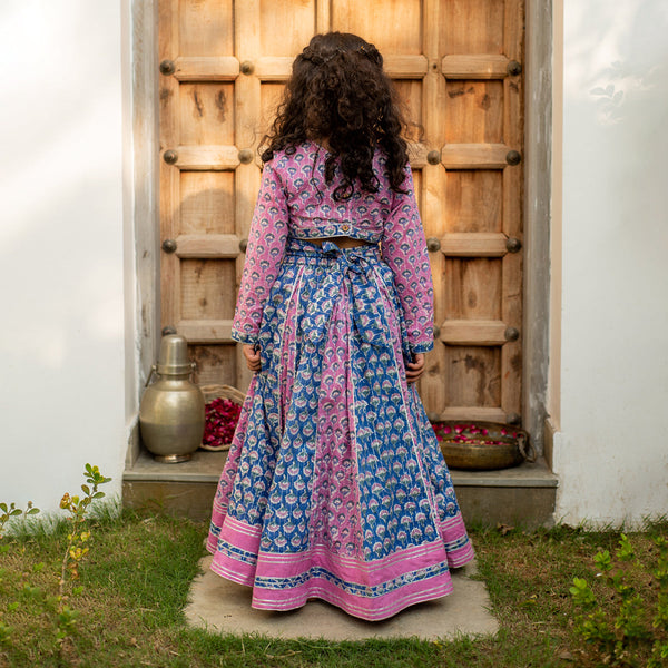 Cotton Lehenga Set for Girls | Floral Design | Blue & Purple