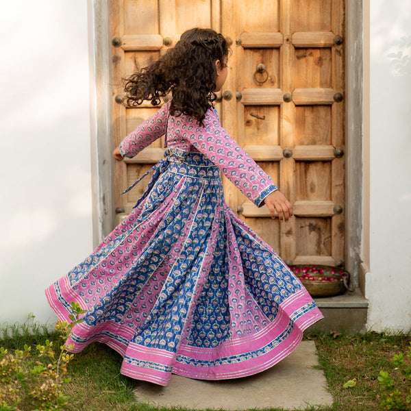 Cotton Lehenga Set for Girls | Floral Design | Blue & Purple