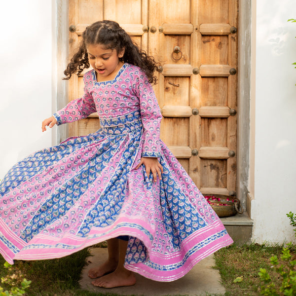 Cotton Lehenga Set for Girls | Floral Design | Blue & Purple