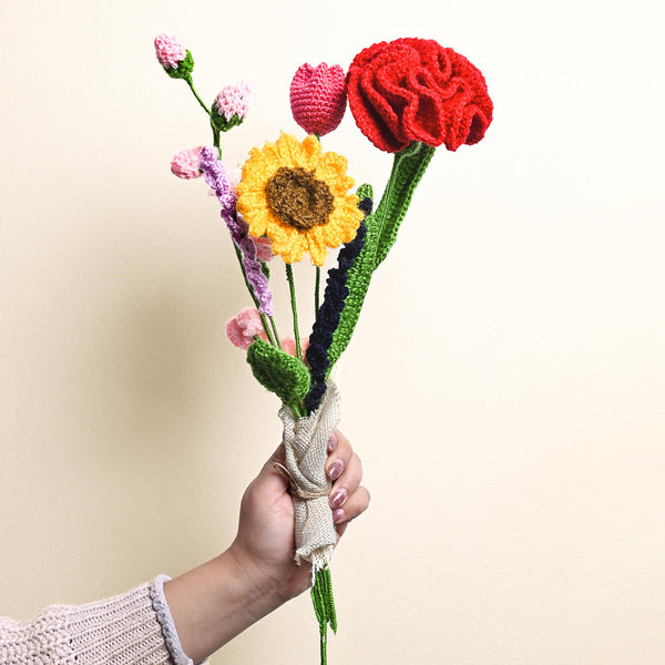 Sunflower & Lisianthus Crochet Flowers | Red & Yellow | 5 Pcs