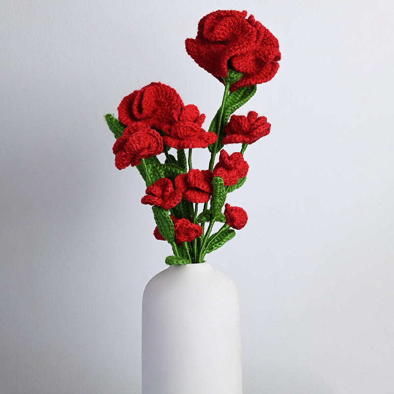 Rose & Carnation Crochet Flowers | Red | 5 Pcs