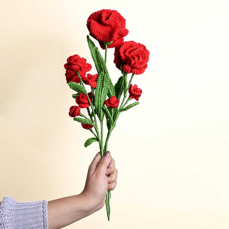 Rose & Carnation Crochet Flowers | Red | 5 Pcs
