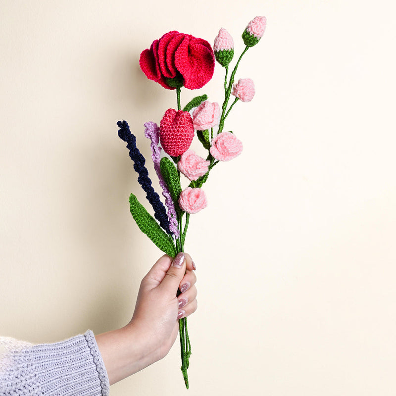 Lavender & Carnation Crochet Flowers | Red & Pink | 5 Pcs