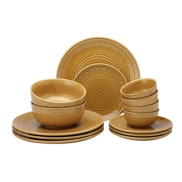 Ceramic Dinner Set | 4 Dinner Plates, 4 Small Plates, 4 Bowl & 2 Serving Bowl | Golden Brown | Set of 14