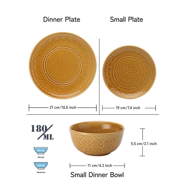 Stoneware Ceramic Dinner Set | 2 Dinner Plates, 2 Small Plate & 2 Bowl Katori | Golden Brown | Set of 6