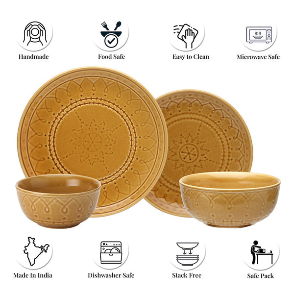 Ceramic Dinner Set | 4 Dinner Plates, 4 Small Plates, 4 Bowl & 2 Serving Bowl | Golden Brown | Set of 14