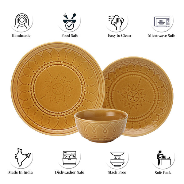 Stoneware Ceramic Dinner Set | 2 Dinner Plates, 2 Small Plate & 2 Bowl Katori | Golden Brown | Set of 6