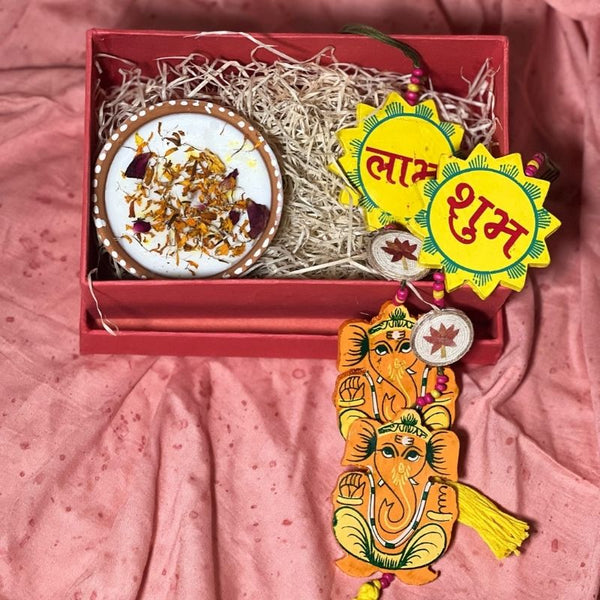 Festive Gift Hampers | Soy Wax Scented Candle | Shubh Labh Wall Hanging | Set of 3