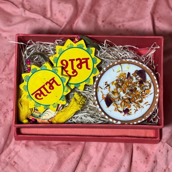 Festive Gift Hampers | Soy Wax Scented Candle | Shubh Labh Wall Hanging | Set of 3