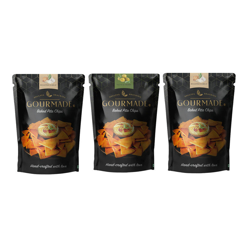 Pita Chips Snacks Combo | Roasted Garlic and Olive & Herbs | Starter Chips | Healthy Snack | 125 g Each | Pack of 3