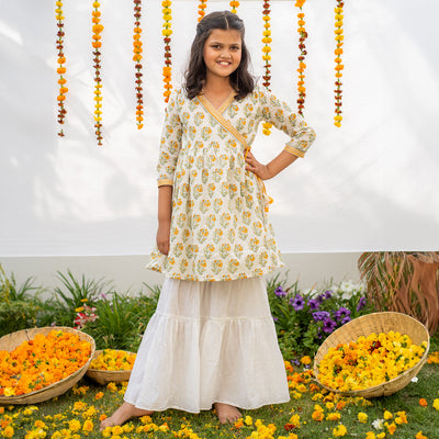 Cotton Girls Kurta Set | Angrakha Style | White & Yellow