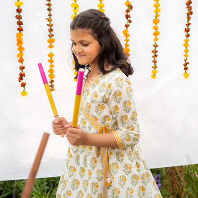 Cotton Girls Kurta Set | Angrakha Style | White & Yellow