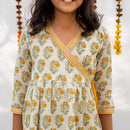 Cotton Girls Kurta Set | Angrakha Style | White & Yellow