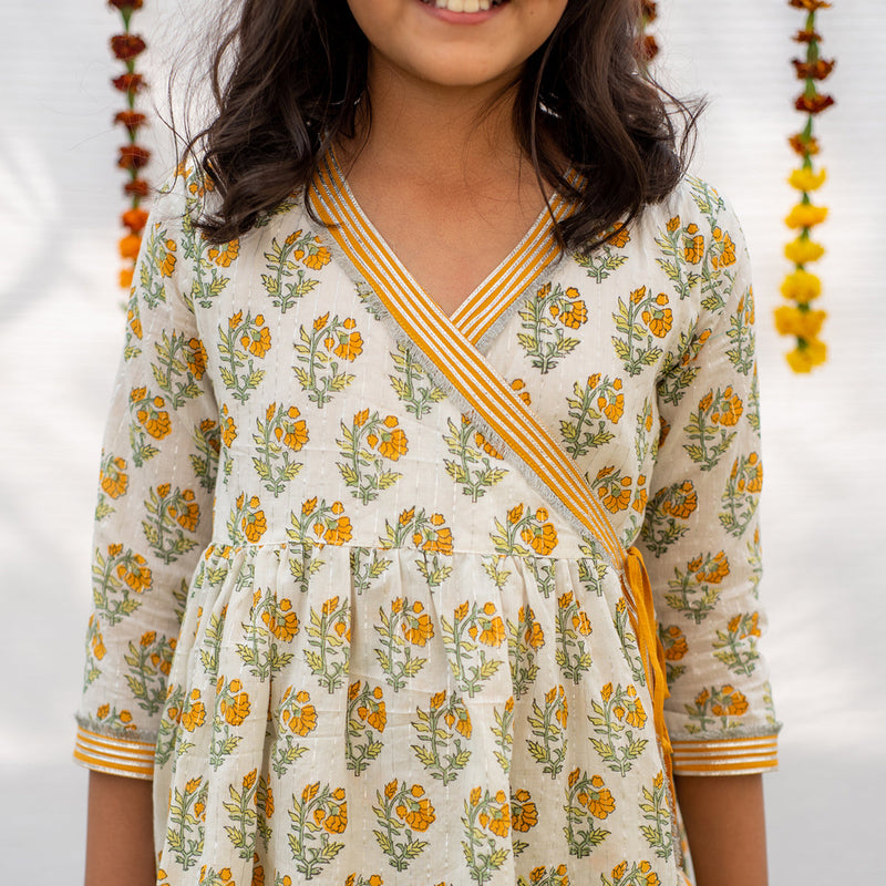 Cotton Girls Kurta Set | Angrakha Style | White & Yellow