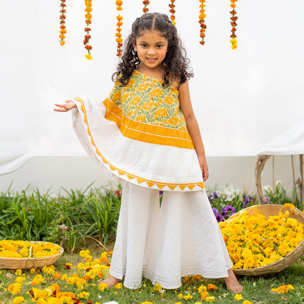 Cotton Sharara Set for Girls | Yellow & White