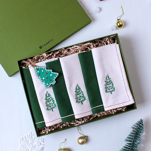 Cotton Napkin & Sparkling Tree Ornament | Multicolour | Set of 7