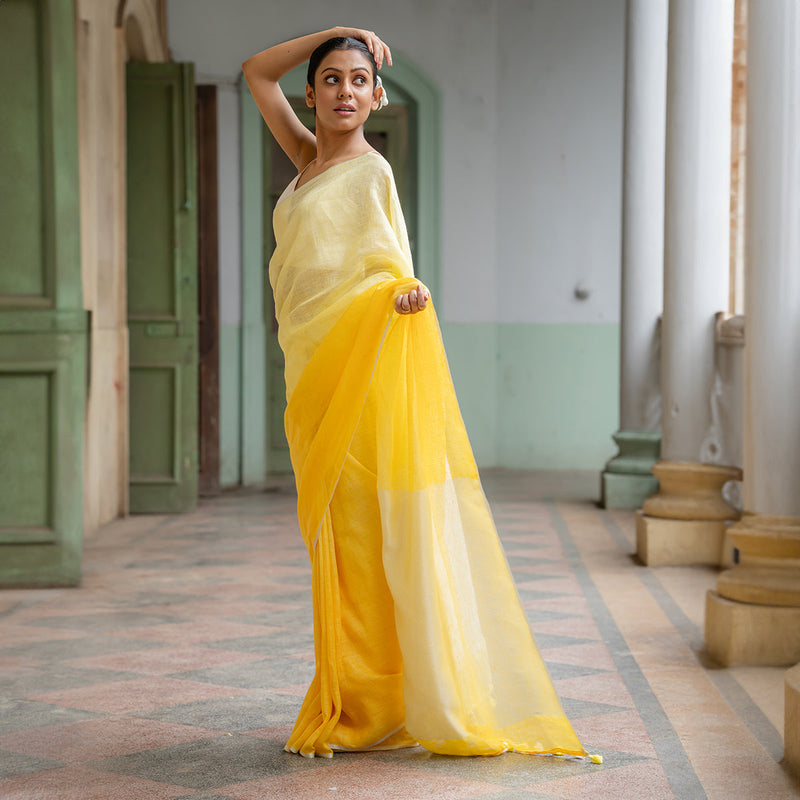 Linen Tassled Saree | Ombre Yellow