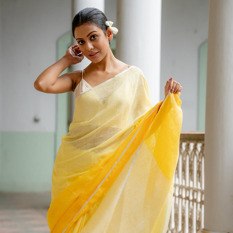 Linen Tassled Saree | Ombre Yellow