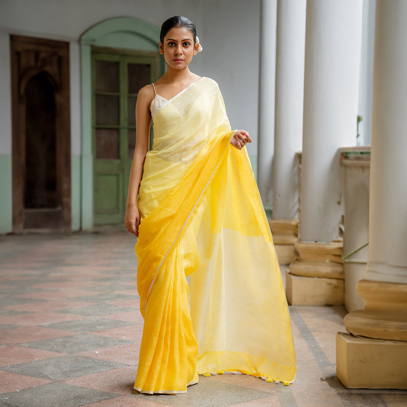 Linen Tassled Saree | Ombre Yellow