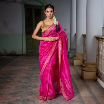 Linen Silk Saree | Goldern Board | Fuschia Pink