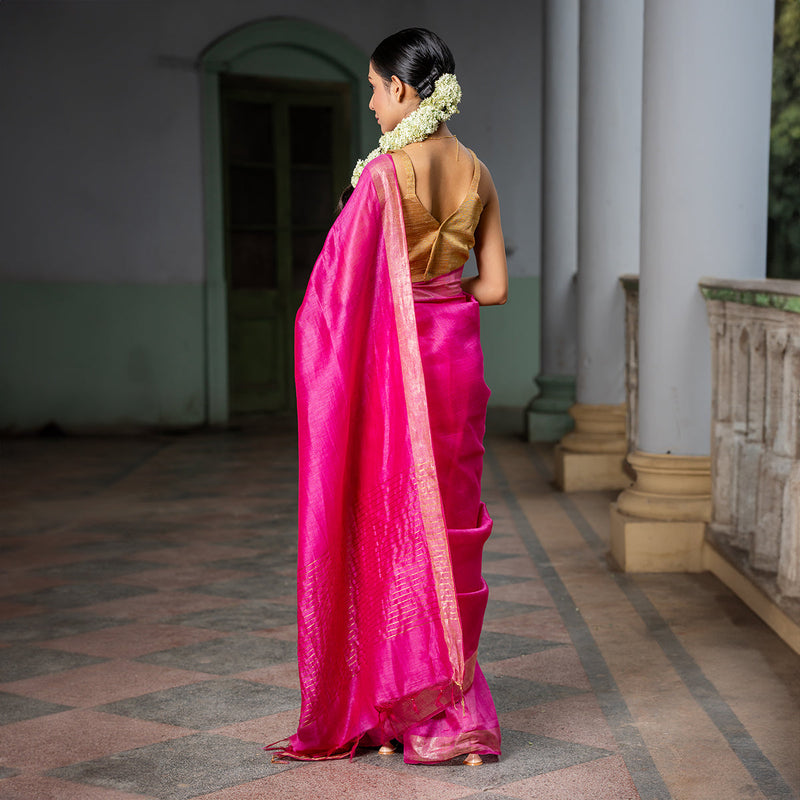 Linen Silk Saree | Goldern Board | Fuschia Pink