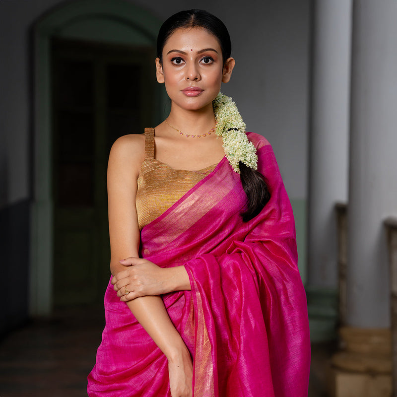 Linen Silk Saree | Goldern Board | Fuschia Pink