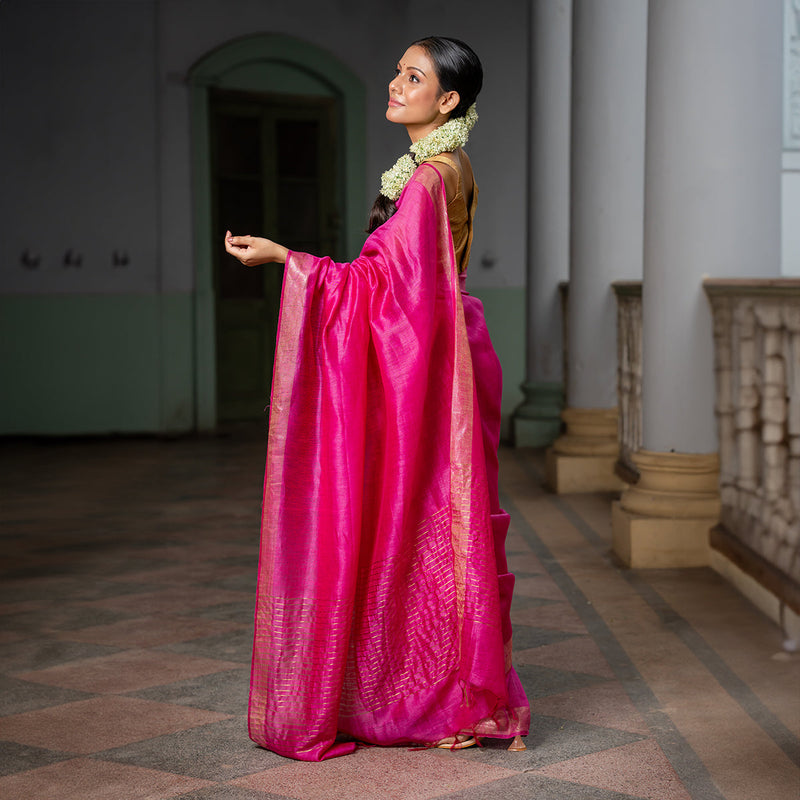 Linen Silk Saree | Goldern Board | Fuschia Pink