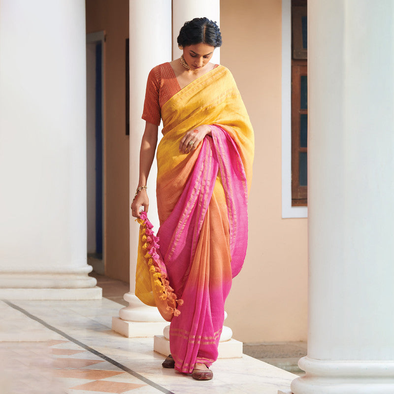 Linen Silk Saree with Blouse Fabric | Yellow & Pink