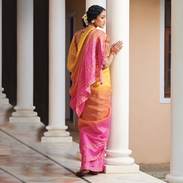 Linen Silk Saree with Blouse Fabric | Yellow & Pink