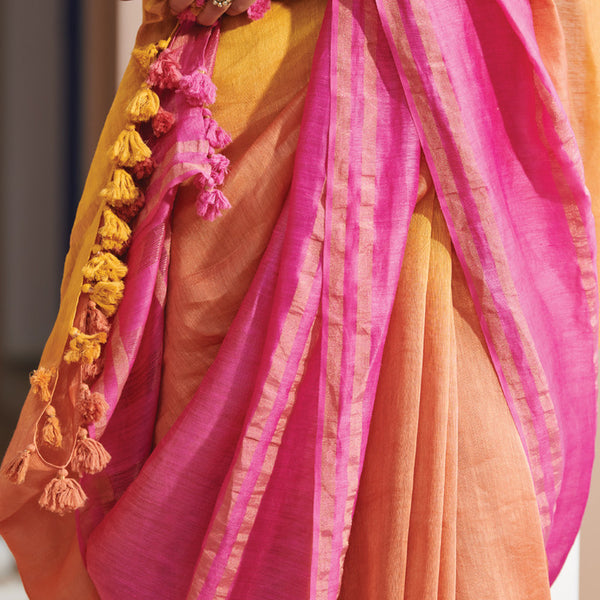 Linen Silk Saree with Blouse Fabric | Yellow & Pink