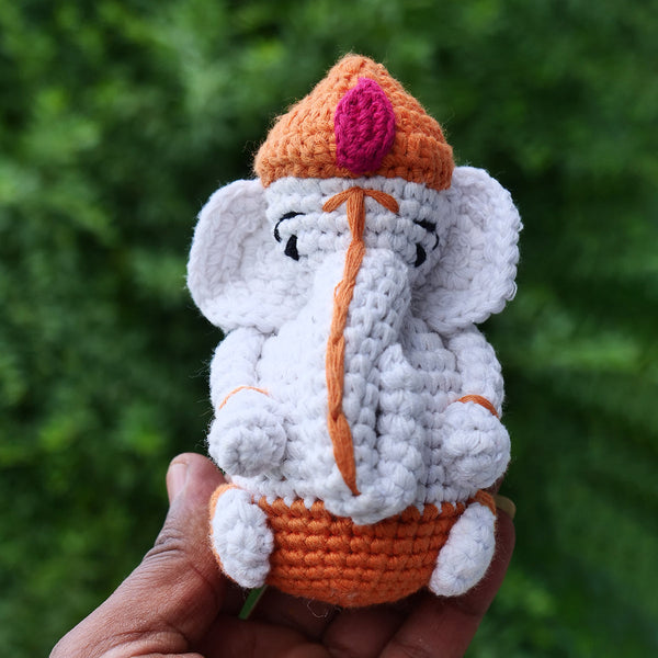 Ganesha Soft Toy for Baby and Kids | Cotton Yarn | White & Orange | 12 cm