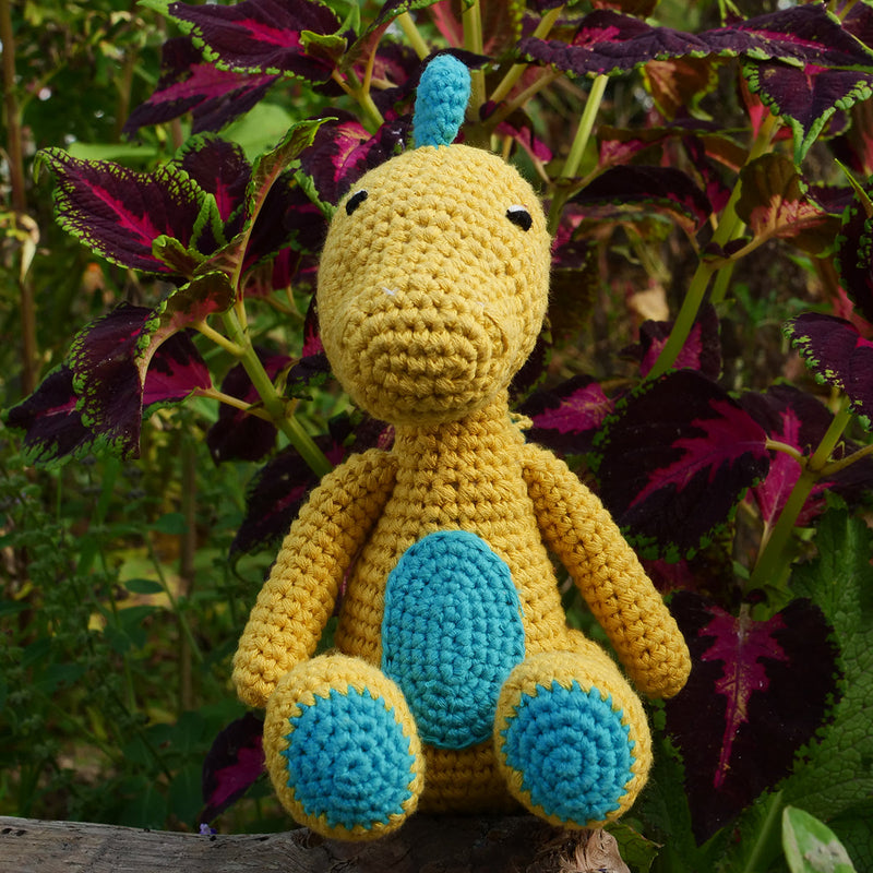 Dinosaur Soft Toy for Baby and Kids | Cotton Yarn | Yellow & Blue | 19 cm