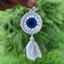 Evil Eye Keychain | Cotton Yarn | Grey, Blue & White | 10 cm