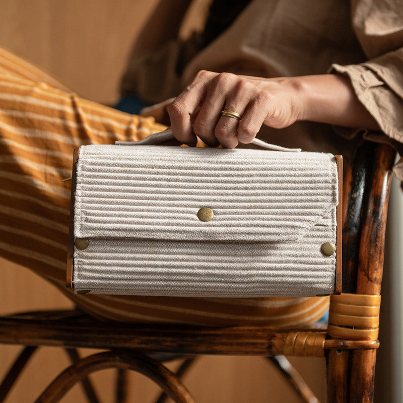 Box Clutch for Women | Cotton & Re-Claimed Wood | 2 Changeable Sleeves | Caramel & White