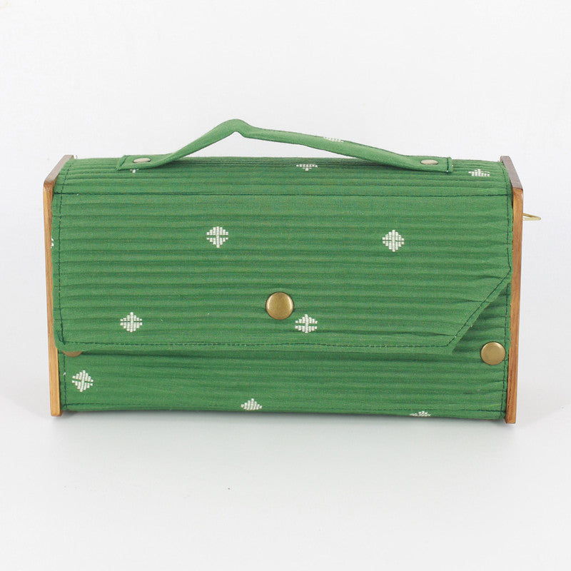 Box Clutch Purse for Women | Cotton & Re-Claimed Wood | 2 Changeable Sleeves | Grey & Green