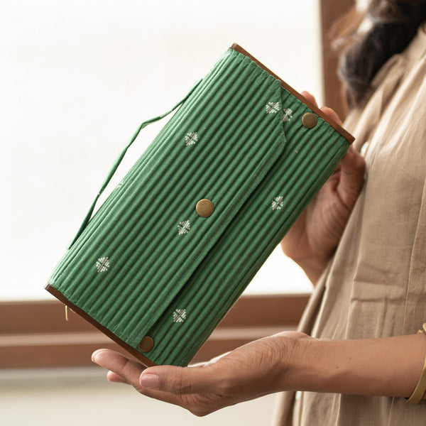 Box Clutch Purse for Women | Cotton & Re-Claimed Wood | 2 Changeable Sleeves | Grey & Green