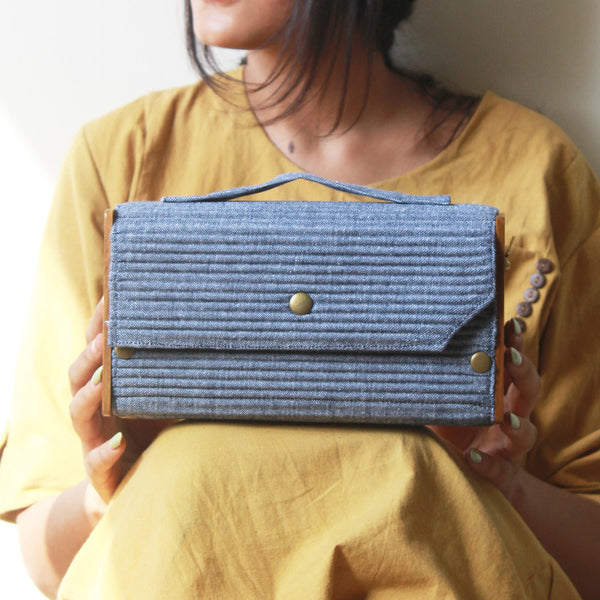 Box Clutch Bag for Women | Cotton & Re-Claimed Wood | 2 Changeable Sleeves | Blue & Pink