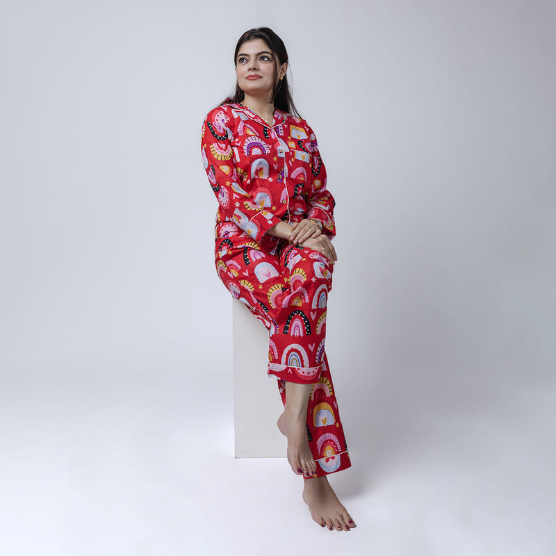 Cotton Pyjama Set For Women | Printed | Red