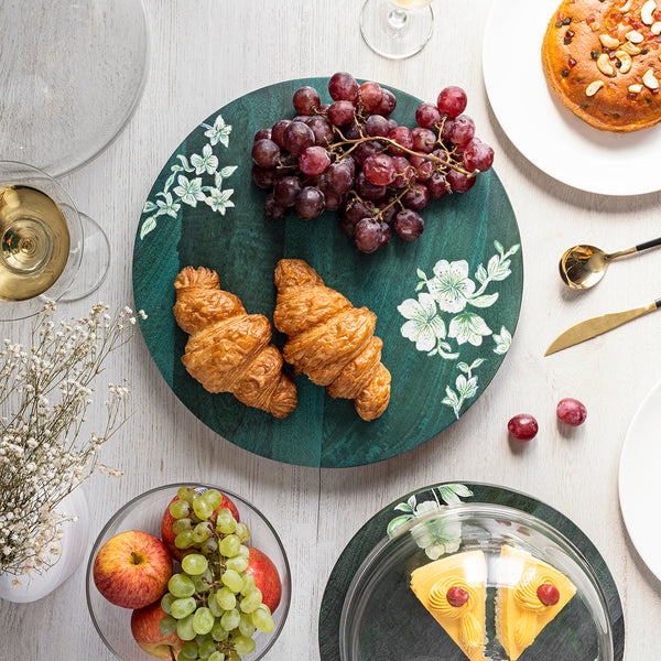 Wooden Serving Platter | Lazy Susan | Mango Wood | Green & Brown | 35 cm