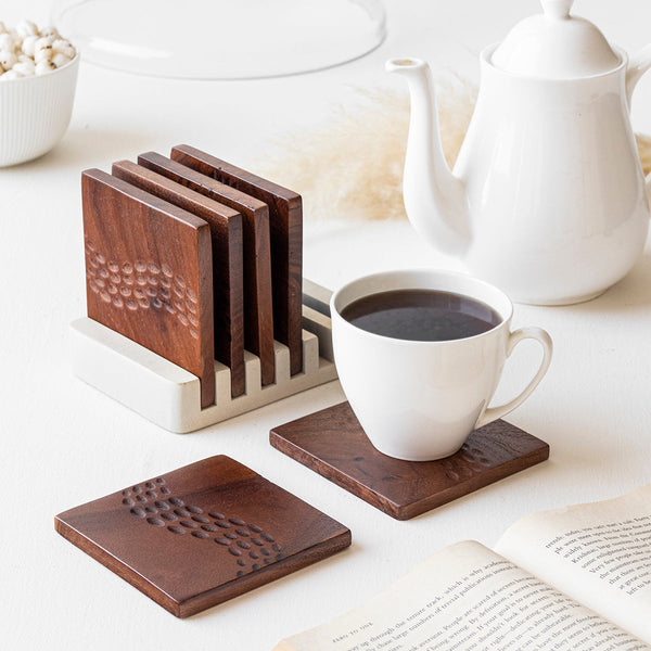 Wooden Coasters With Stand | Acacia Wood | White & Brown | Set of 7