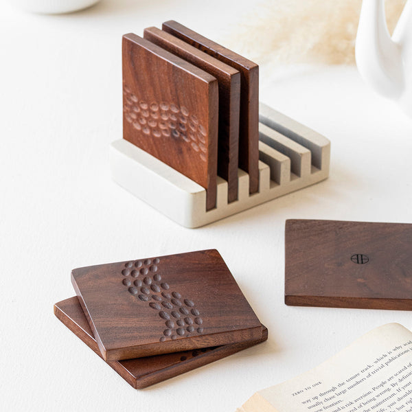 Wooden Coasters With Stand | Acacia Wood | White & Brown | Set of 7