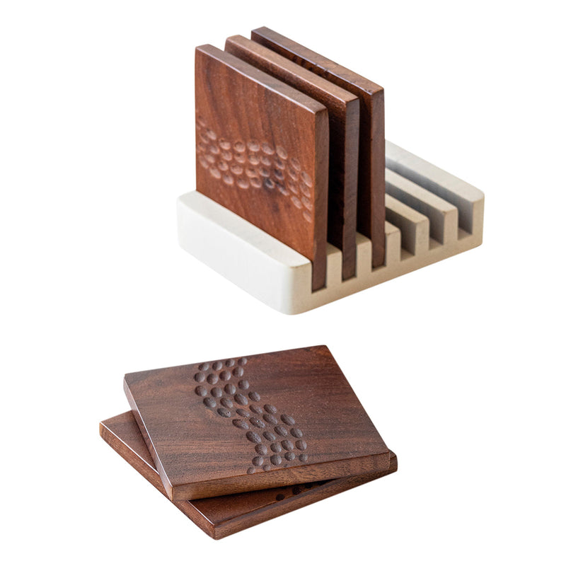 Wooden Coasters With Stand | Acacia Wood | White & Brown | Set of 7