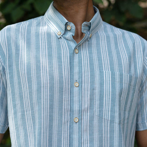 Cotton Shirt for Men | Aqua Blue Stripes | Half Sleeves