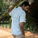 Cotton Shirt for Men | Aqua Blue Stripes | Half Sleeves