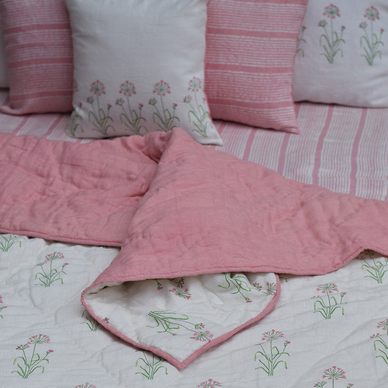 Linen King Size Bed AC Blanket | Reversible | White & Pink