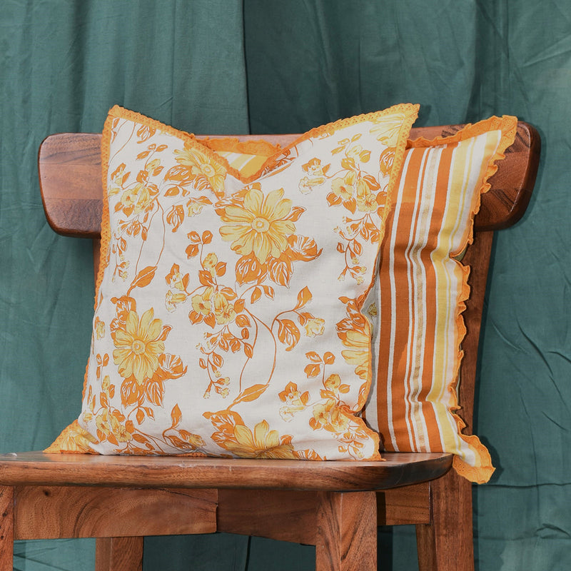 Cotton Linen Printed Cushion Cover | Yellow